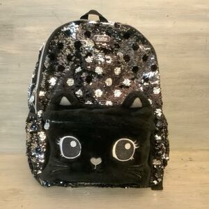 Justice Silver Sequined Black Cat Backpack 12x16x6 Good Condition